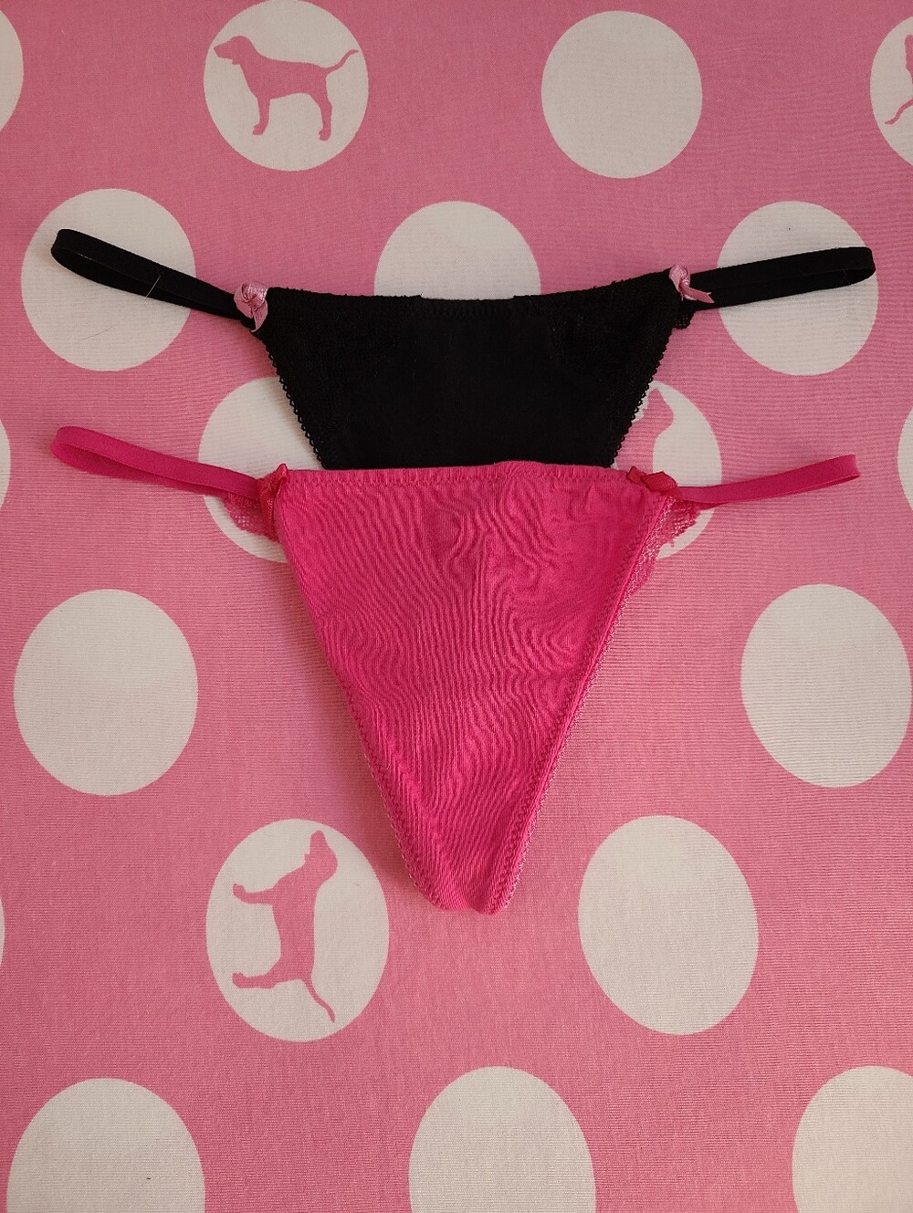 VTG VS PINK 2pk Lace Back Low Rise Cotton V-string Thong Panties Size Sm